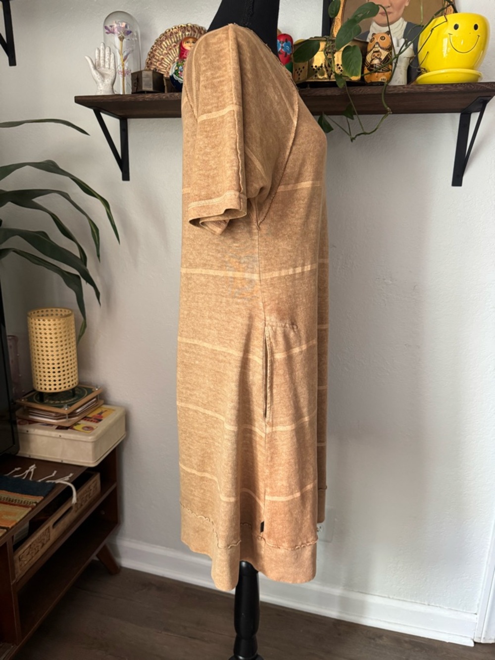 Oska Casual Striped Asymmetrical Taupe Hemp Fiber Swing Dress - Picture 3 of 9